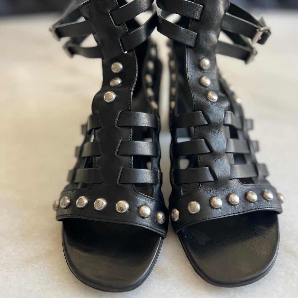 YSL Saint Laurent Calfskin Stud Block Heel Gladiator Sandals Black 37 / US 7 - Picture 4 of 13